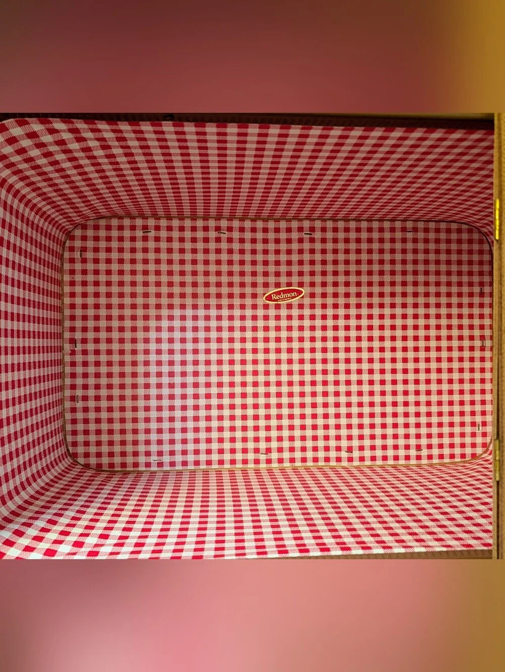 Vintage MCM Redmon Picnic Basket Brown Red Gingham Lined Pristine